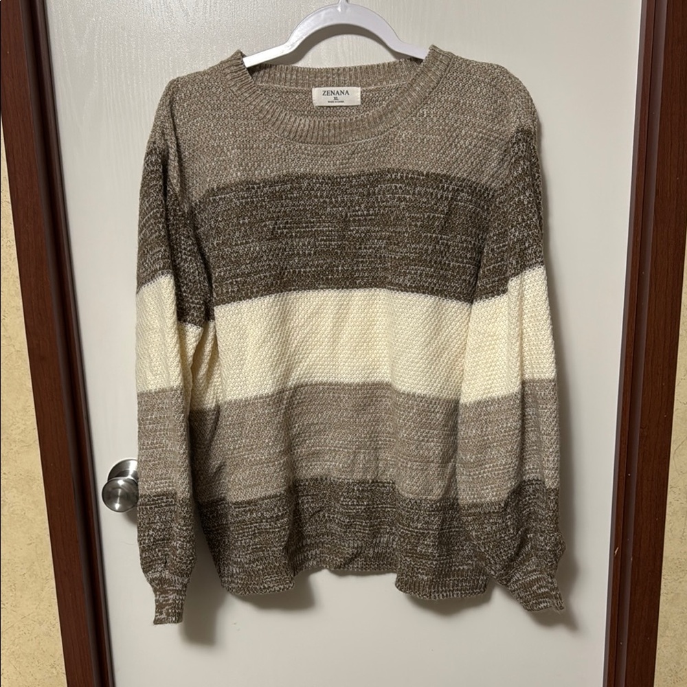 Zenana Striped Sweater in Brown and Cream Size XL